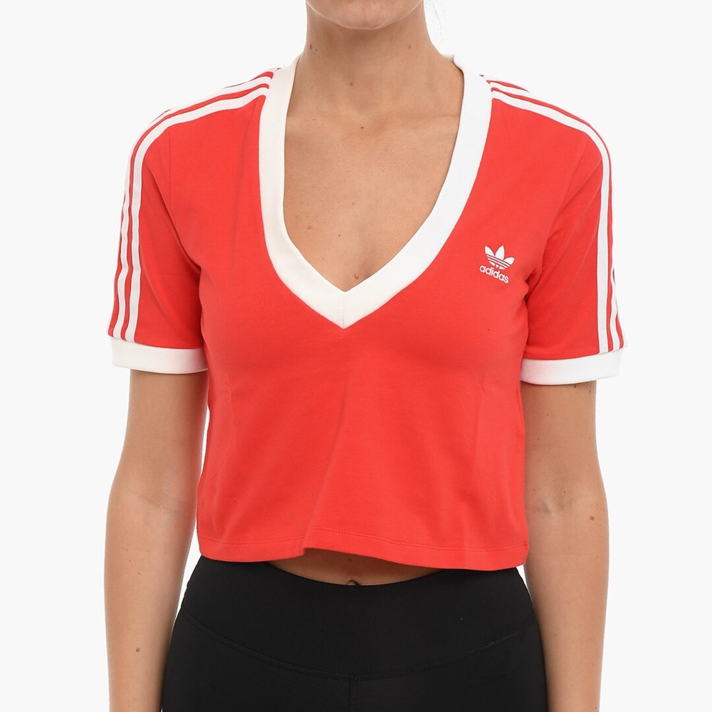 NWT Adidas Red and White Plunge V-Neck Stretchy Crop Tee